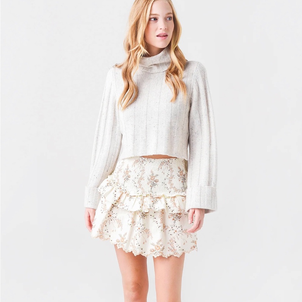 LoveShackFancy Cream Floral Ruffle Mini Skirt